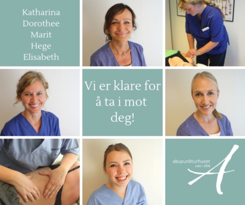 Bilde av våre behandlere, Katharina, Hehe, Dorothee, Marit og Elisabeth. Tekst: Vi er klare for å ta i mot deg. Akupunkturhuset.