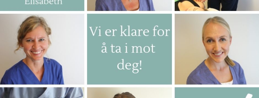 Bilde av våre behandlere, Katharina, Hehe, Dorothee, Marit og Elisabeth. Tekst: Vi er klare for å ta i mot deg. Akupunkturhuset.